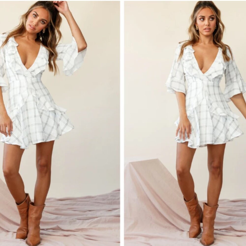 Saints + Secrets Mini Dress White Black Check Ruffle Trim Keyhole Back Small NWT